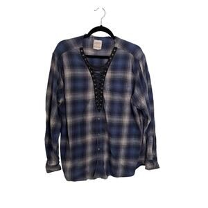 LF Furst Of A Kind Tunic Womens XL Flannel Navy Gray Plaid Long Sleeve Shirt Top